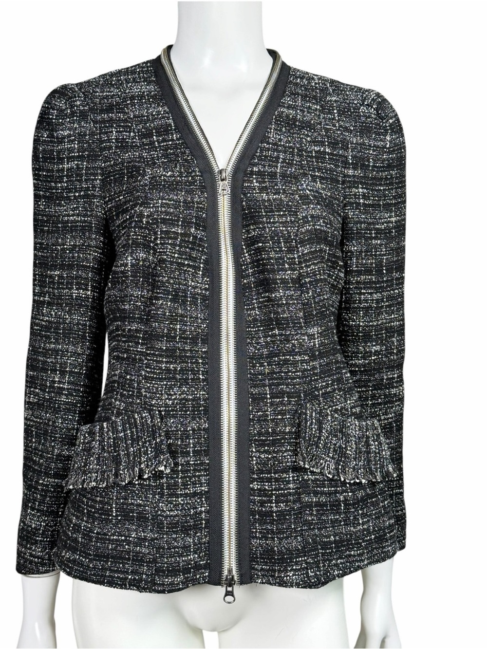 Nanette Lepore Black Tweed Jacket Linen Fringe Zip Made in USA Size 8 Preppy - Picture 2 of 10